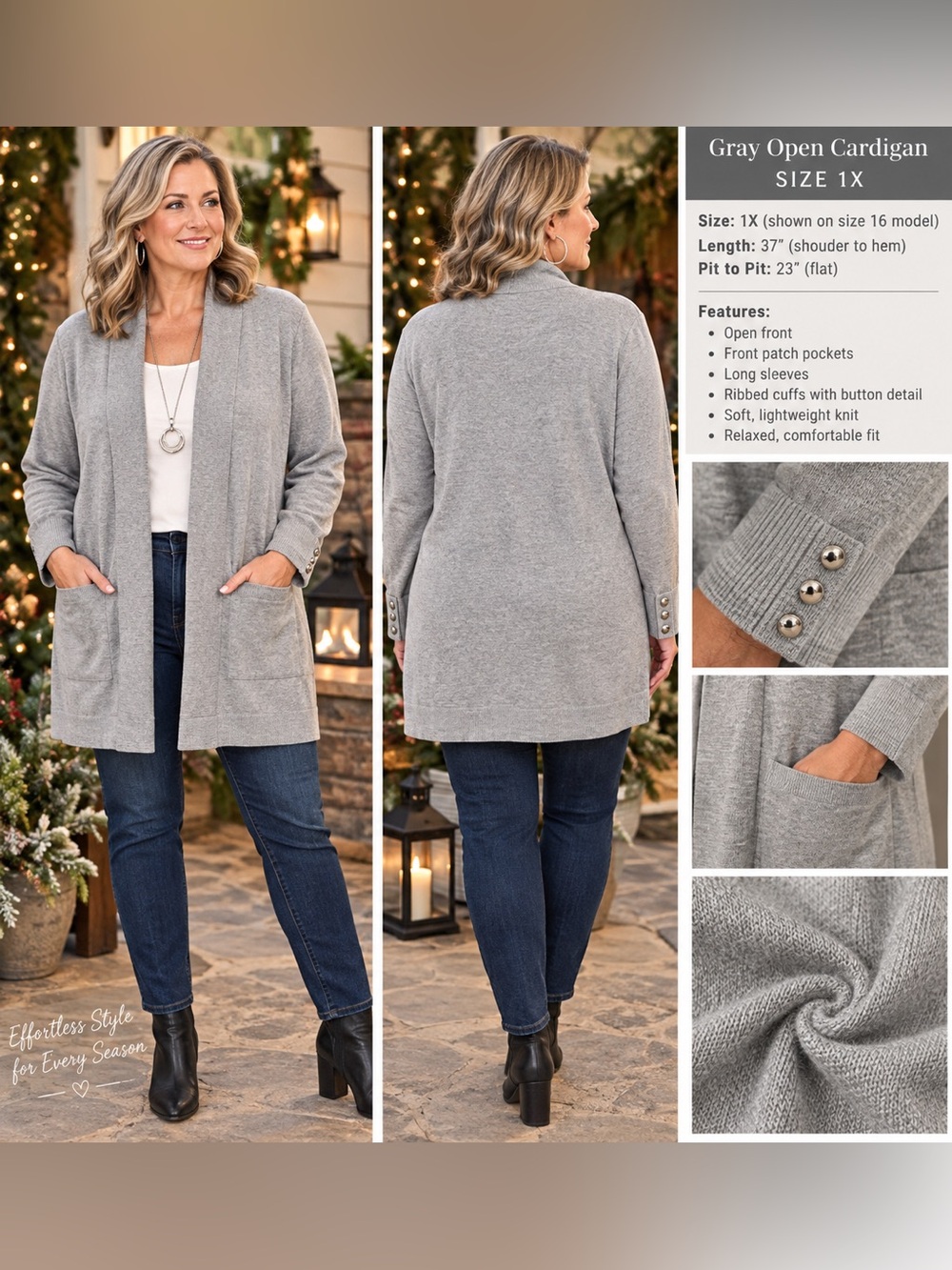 Lightweight Open-Front Gray Cardigan with Patch Pockets